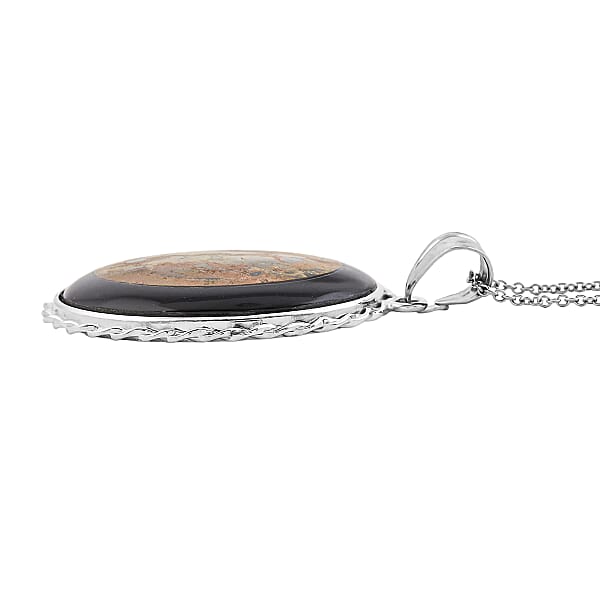 Bradiopods Fossil Blackstone Pendant Necklace (20 Inches) In Stainless Steel 46.00 Ctw
