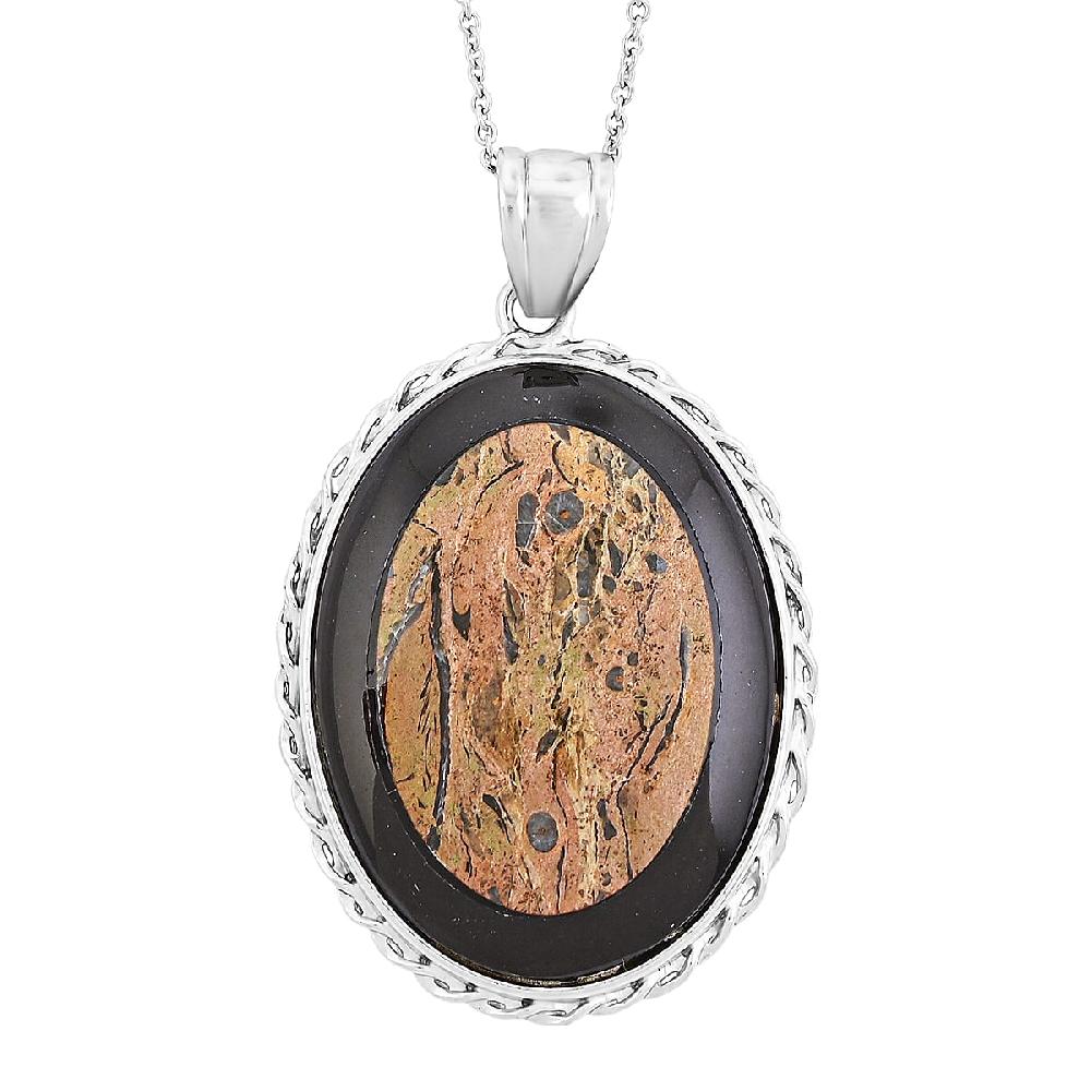 Bradiopods Fossil Blackstone Pendant Necklace (20 Inches) in Stainless Steel 46.00 ctw