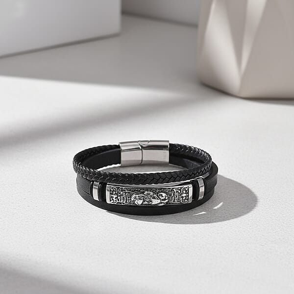 Braided Microfiber Leather Bracelet In Stainless Steel (8.00 In)