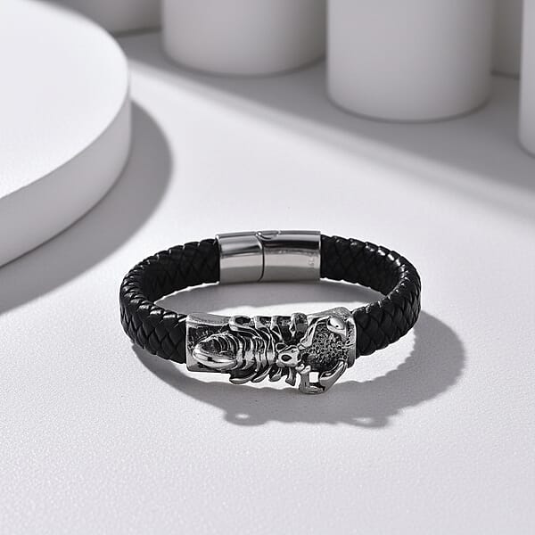 Braided Microfiber Leather Scorpio Bracelet In Stainless Steel (8.00 In)