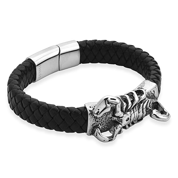 Braided Microfiber Leather Scorpio Bracelet In Stainless Steel (8.00 In)