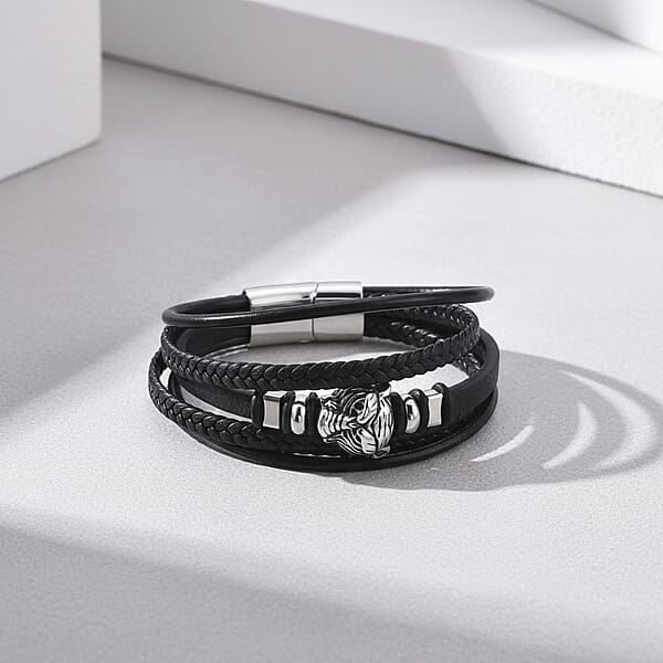 Braided Microfiber Leather Tiger Head Bracelet In Stainless Steel (8.00 In)