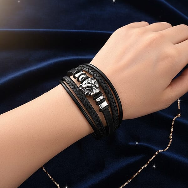 Braided Microfiber Leather Tiger Head Bracelet In Stainless Steel (8.00 In)
