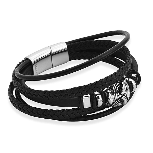 Braided Microfiber Leather Tiger Head Bracelet In Stainless Steel (8.00 In)