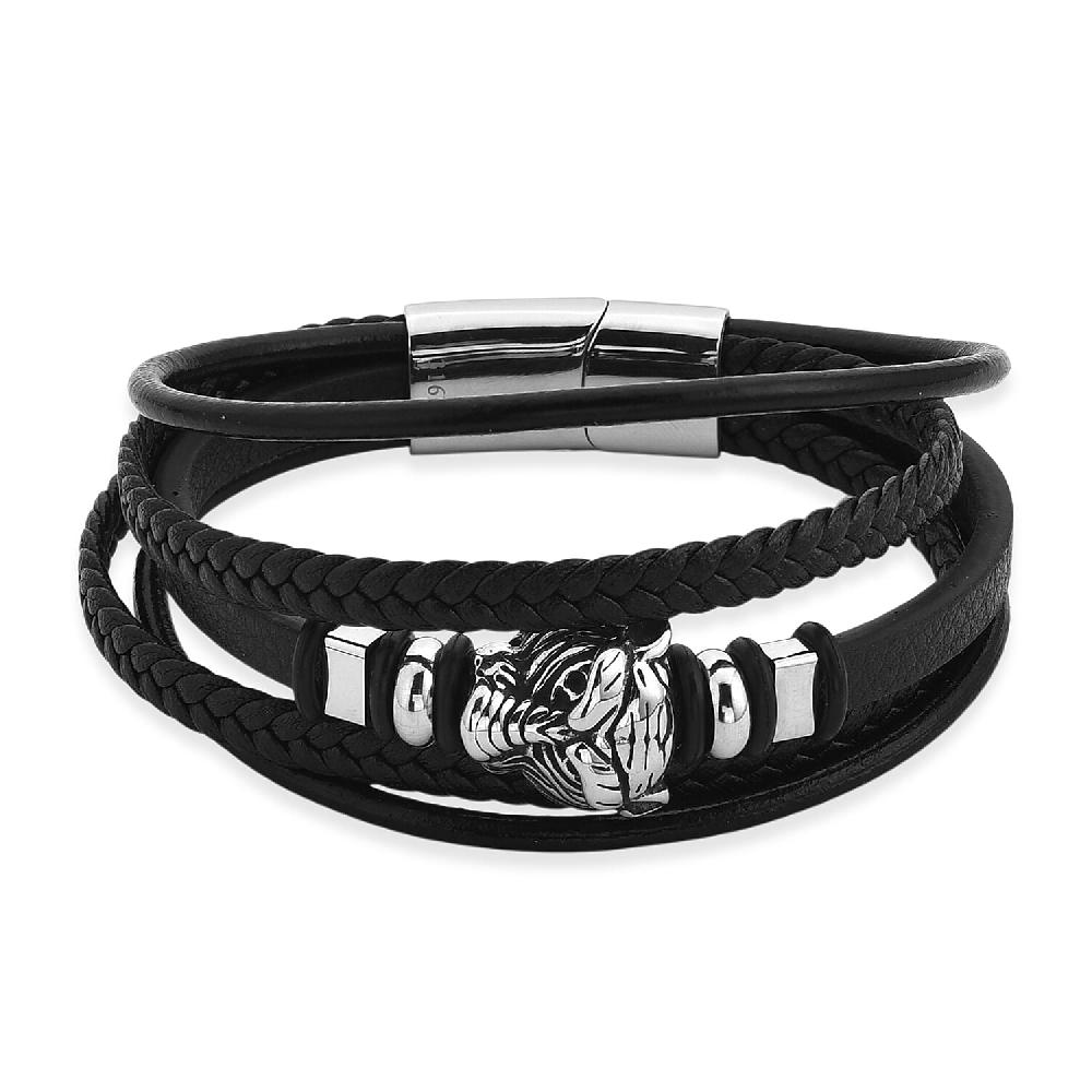 Braided Microfiber Leather Tiger Head Bracelet in Stainless Steel (8.00 In)