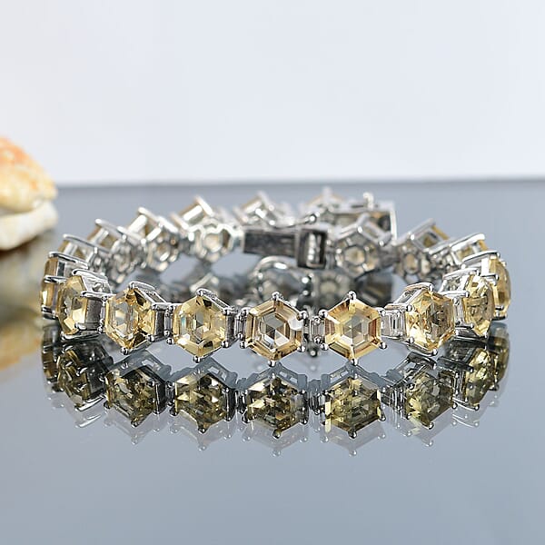 Brazilian Citrine And Moissanite 29.50 Ctw Honeycomb Bracelet In Rhodium Over Sterling Silver (7.25 In)