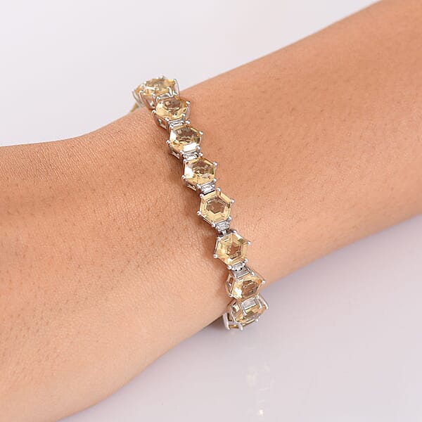 Brazilian Citrine And Moissanite 29.50 Ctw Honeycomb Bracelet In Rhodium Over Sterling Silver (7.25 In)
