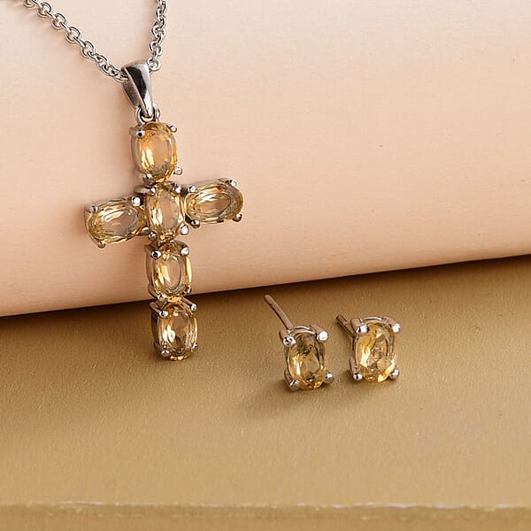 Brazilian Citrine Stud Earrings And Cross Pendant Necklace (20 Inches) In Stainless Steel 3.20 Ctw Tarnish-Free Waterproof Sweat Proof Jewelry
