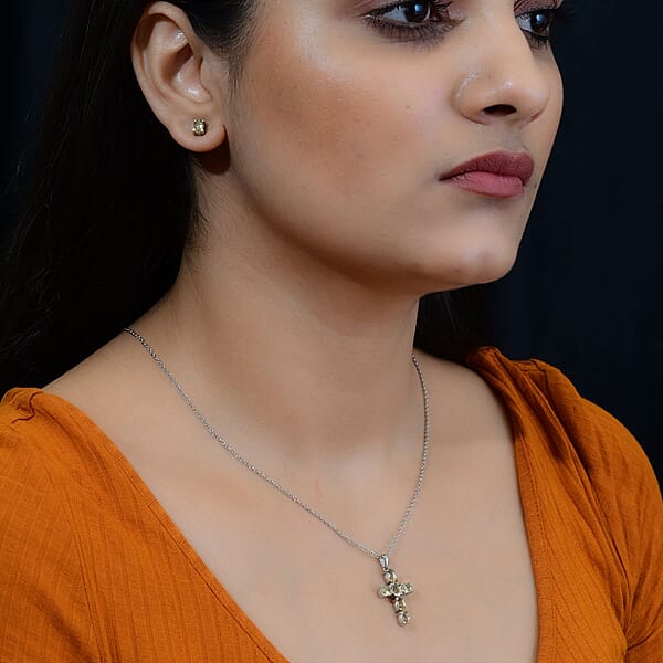 Brazilian Citrine Stud Earrings And Cross Pendant Necklace (20 Inches) In Stainless Steel 3.20 Ctw Tarnish-Free Waterproof Sweat Proof Jewelry