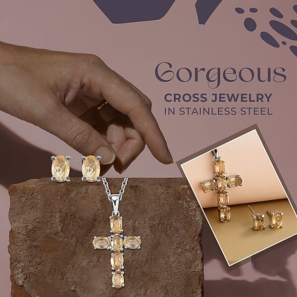 Brazilian Citrine Stud Earrings And Cross Pendant Necklace (20 Inches) In Stainless Steel 3.20 Ctw Tarnish-Free Waterproof Sweat Proof Jewelry
