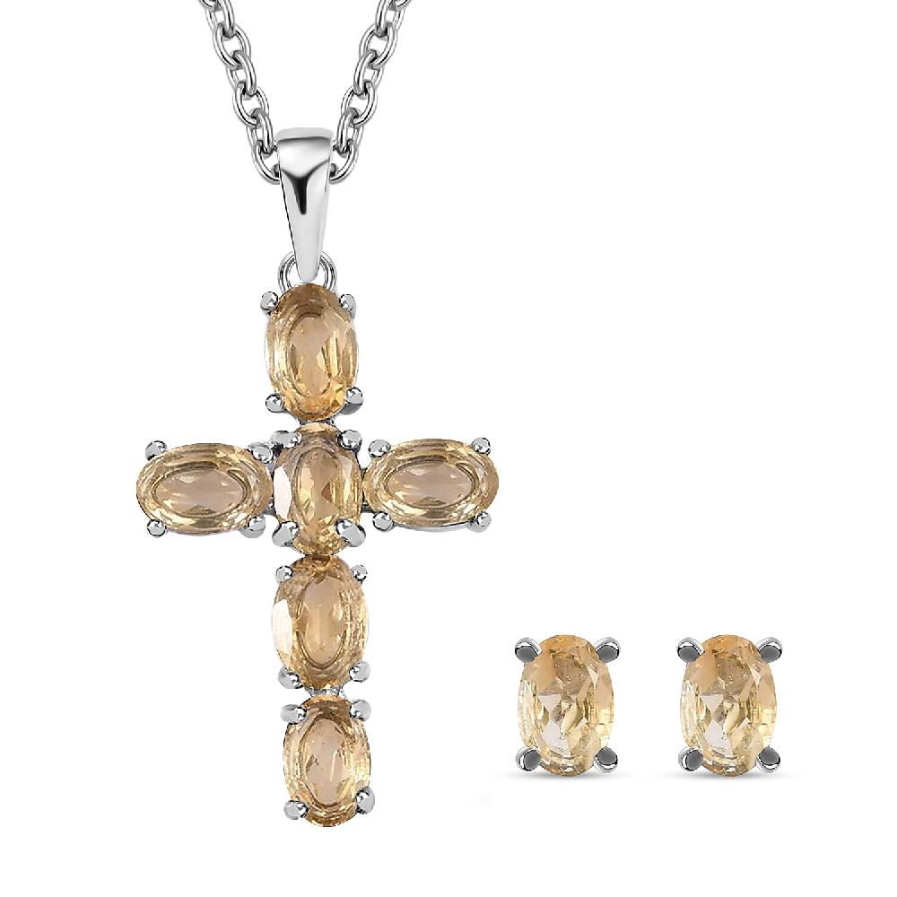 Brazilian Citrine Stud Earrings and Cross Pendant Necklace (20 Inches) in Stainless Steel 3.20 ctw Tarnish-Free Waterproof Sweat Proof Jewelry