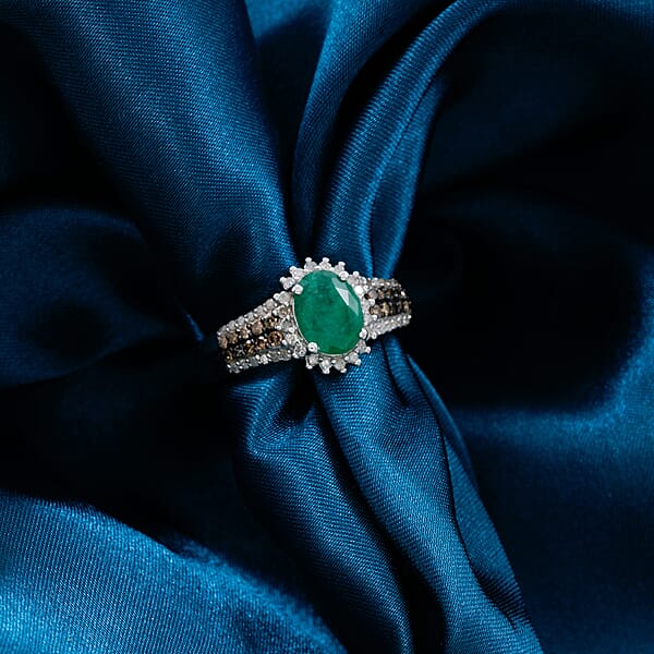 Brazilian Emerald And Multi Diamond 2.10 Ctw Ring In Platinum Over Sterling Silver