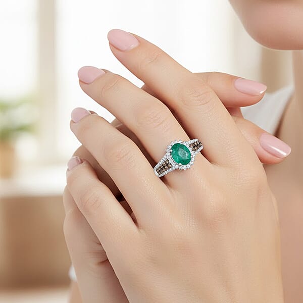 Brazilian Emerald And Multi Diamond 2.10 Ctw Ring In Platinum Over Sterling Silver