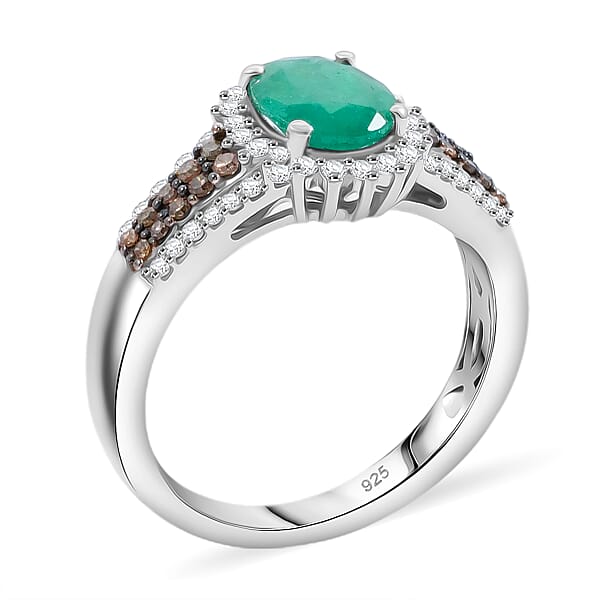 Brazilian Emerald And Multi Diamond 2.10 Ctw Ring In Platinum Over Sterling Silver