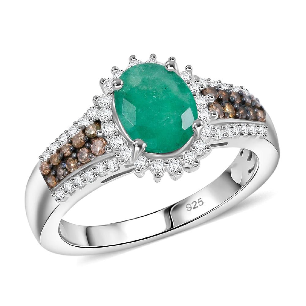 Brazilian Emerald and Multi Diamond 2.10 ctw Ring in Platinum Over Sterling Silver