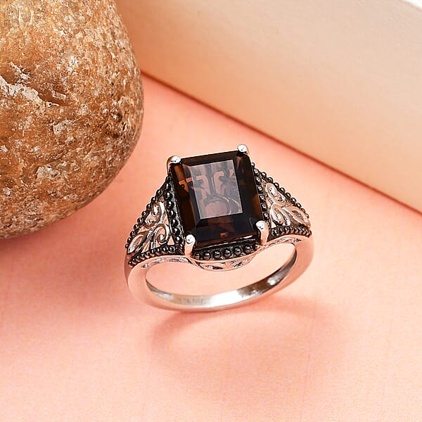 Brazilian Smoky Quartz Solitaire Ring In Platinum Over Sterling Silver 3.65 Ctw