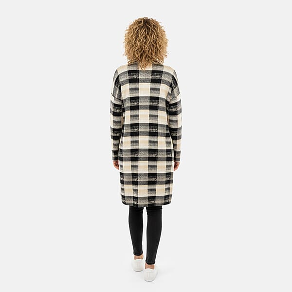 BRITANY BLACK Beige Plaid Long Sleeve Soft Knit Cardigan With Pockets - L
