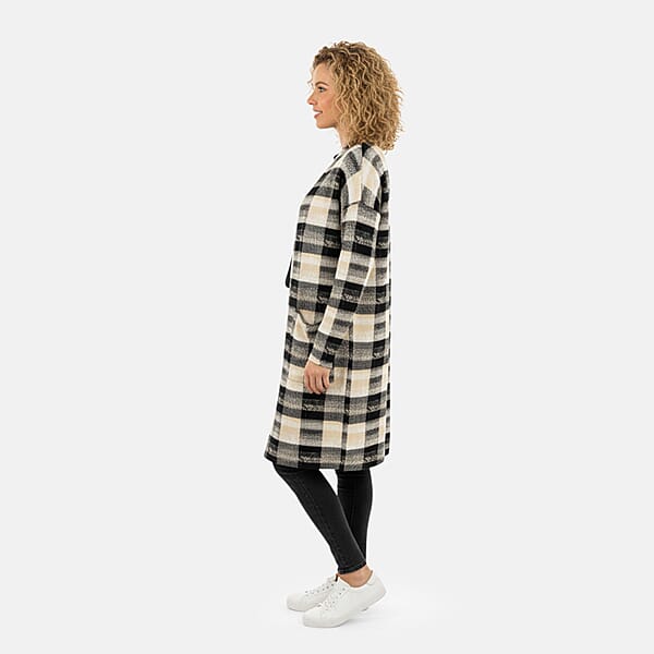 BRITANY BLACK Beige Plaid Long Sleeve Soft Knit Cardigan With Pockets - L