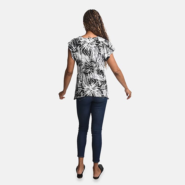 BRITANY BLACK Black Abstract Stretch Flutter Sleeve Blouse With Sequin - L
