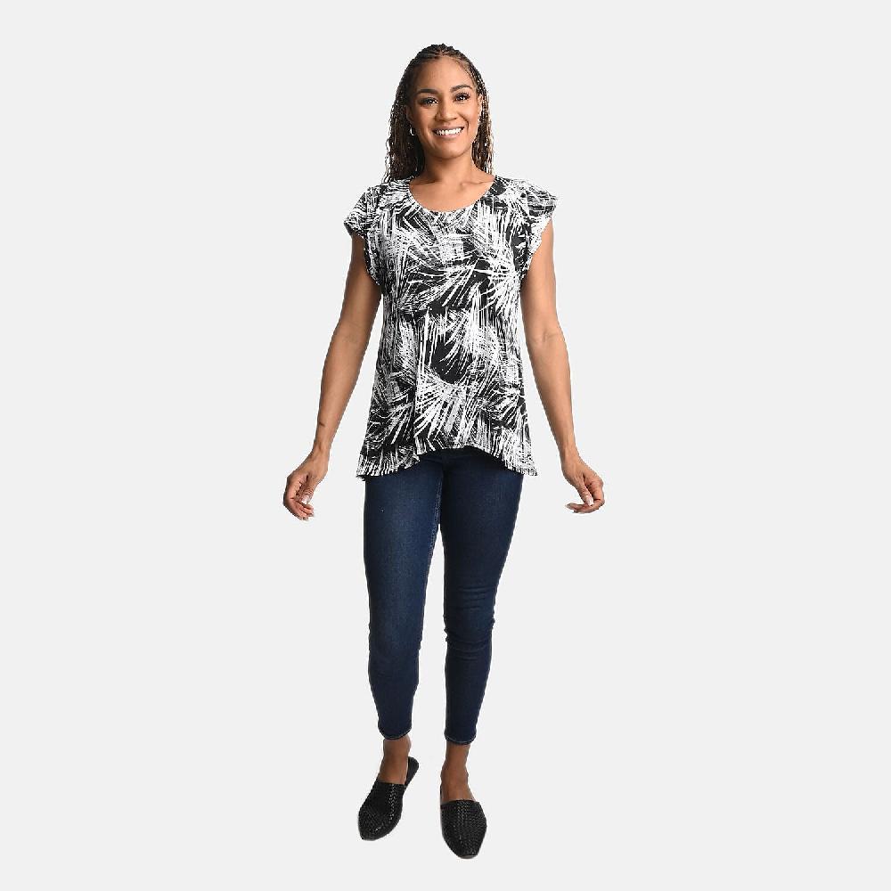BRITANY BLACK Black Abstract Stretch Flutter Sleeve Blouse with Sequin - L