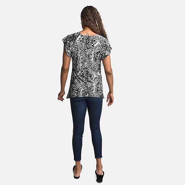 BRITANY BLACK Black Animal Stretch Flutter Sleeve Blouse With Sequin - L