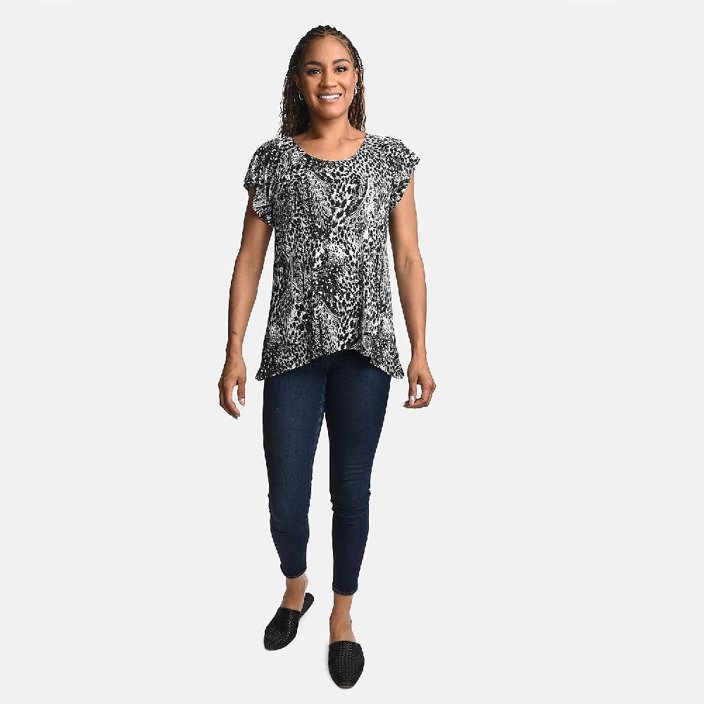 BRITANY BLACK Black Animal Stretch Flutter Sleeve Blouse with Sequin - L