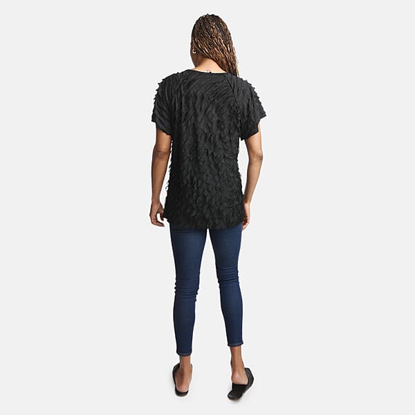 BRITANY BLACK Black Stretch Tiered Ruffle Short Sleeve Top - S