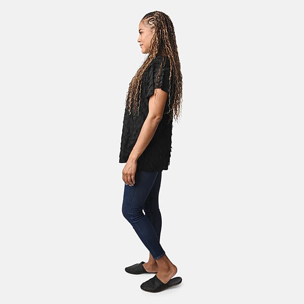 BRITANY BLACK Black Stretch Tiered Ruffle Short Sleeve Top - S