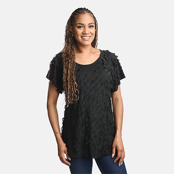 BRITANY BLACK Black Stretch Tiered Ruffle Short Sleeve Top - S