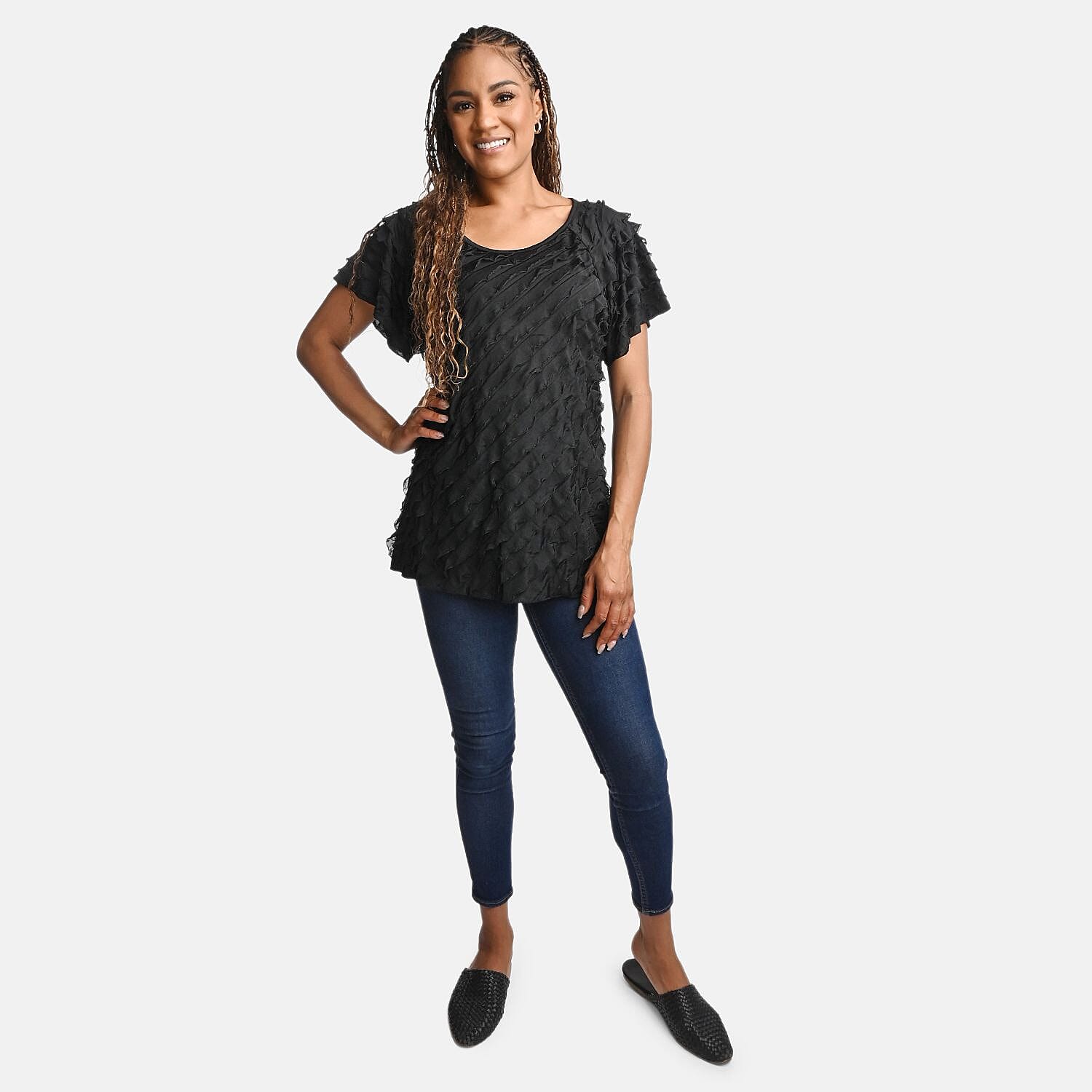 BRITANY BLACK Black Stretch Tiered Ruffle Short Sleeve Top - S