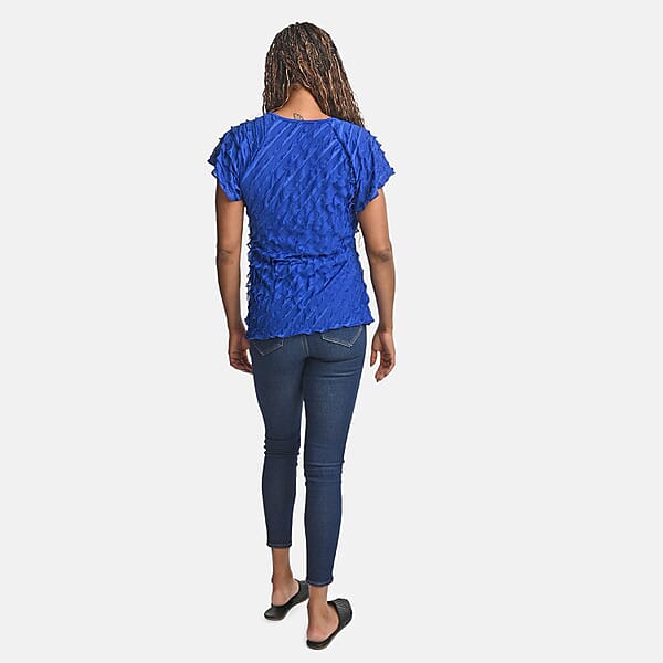 BRITANY BLACK Blue Stretch Tiered Ruffle Short Sleeve Top - L
