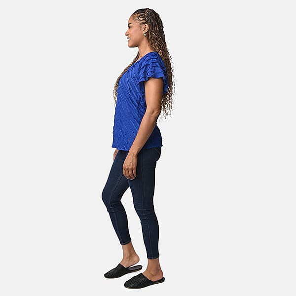 BRITANY BLACK Blue Stretch Tiered Ruffle Short Sleeve Top - L