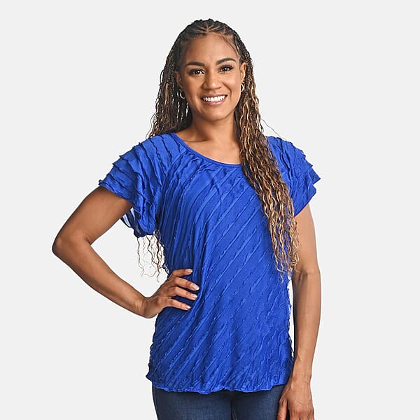 BRITANY BLACK Blue Stretch Tiered Ruffle Short Sleeve Top - L