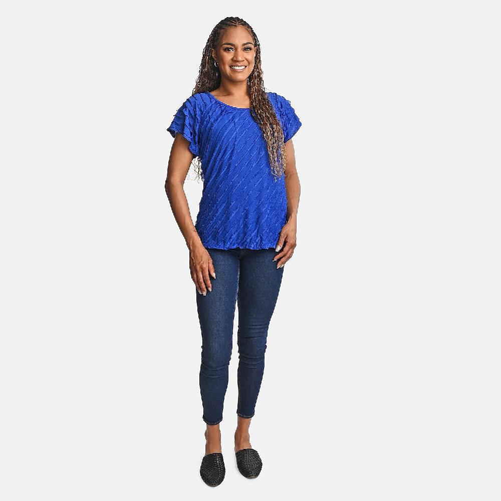 BRITANY BLACK Blue Stretch Tiered Ruffle Short Sleeve Top - L