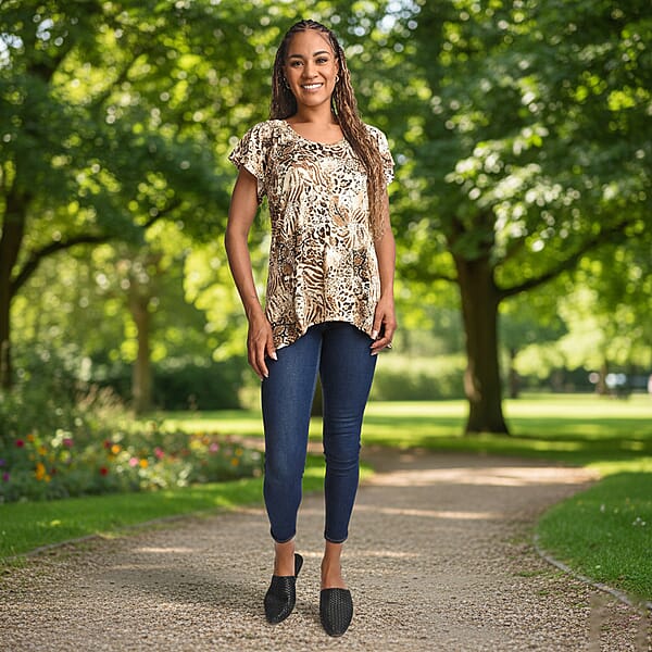 BRITANY BLACK Brown Animal Stretch Flutter Sleeve Blouse With Sequin - L