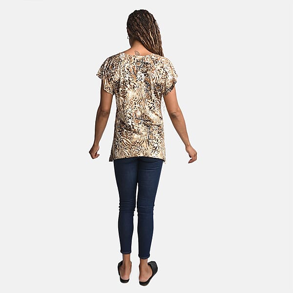 BRITANY BLACK Brown Animal Stretch Flutter Sleeve Blouse With Sequin - L