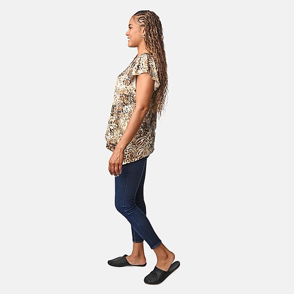 BRITANY BLACK Brown Animal Stretch Flutter Sleeve Blouse With Sequin - L