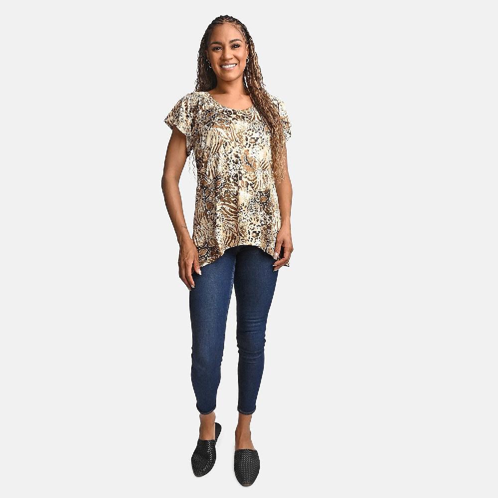 BRITANY BLACK Brown Animal Stretch Flutter Sleeve Blouse With Sequin - L