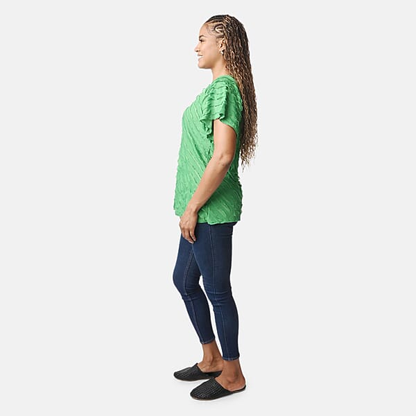 BRITANY BLACK Green Stretch Tiered Ruffle Short Sleeve Top - L