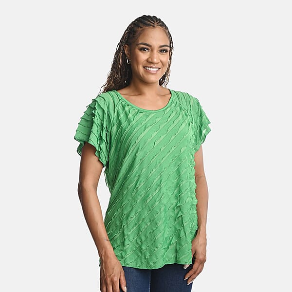 BRITANY BLACK Green Stretch Tiered Ruffle Short Sleeve Top - L