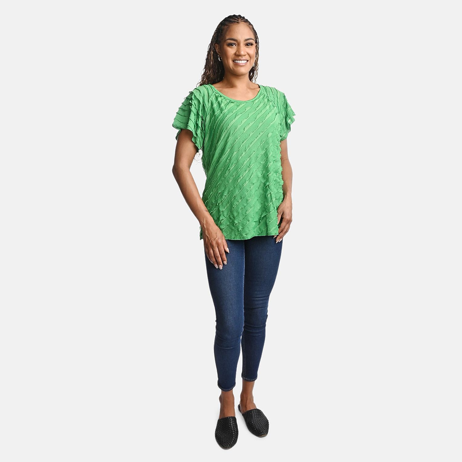 BRITANY BLACK Green Stretch Tiered Ruffle Short Sleeve Top - L