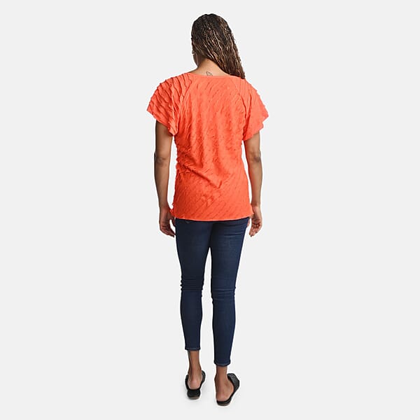 BRITANY BLACK Orange Stretch Tiered Ruffle Short Sleeve Top - L
