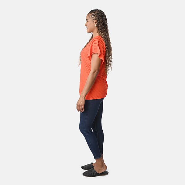 BRITANY BLACK Orange Stretch Tiered Ruffle Short Sleeve Top - L