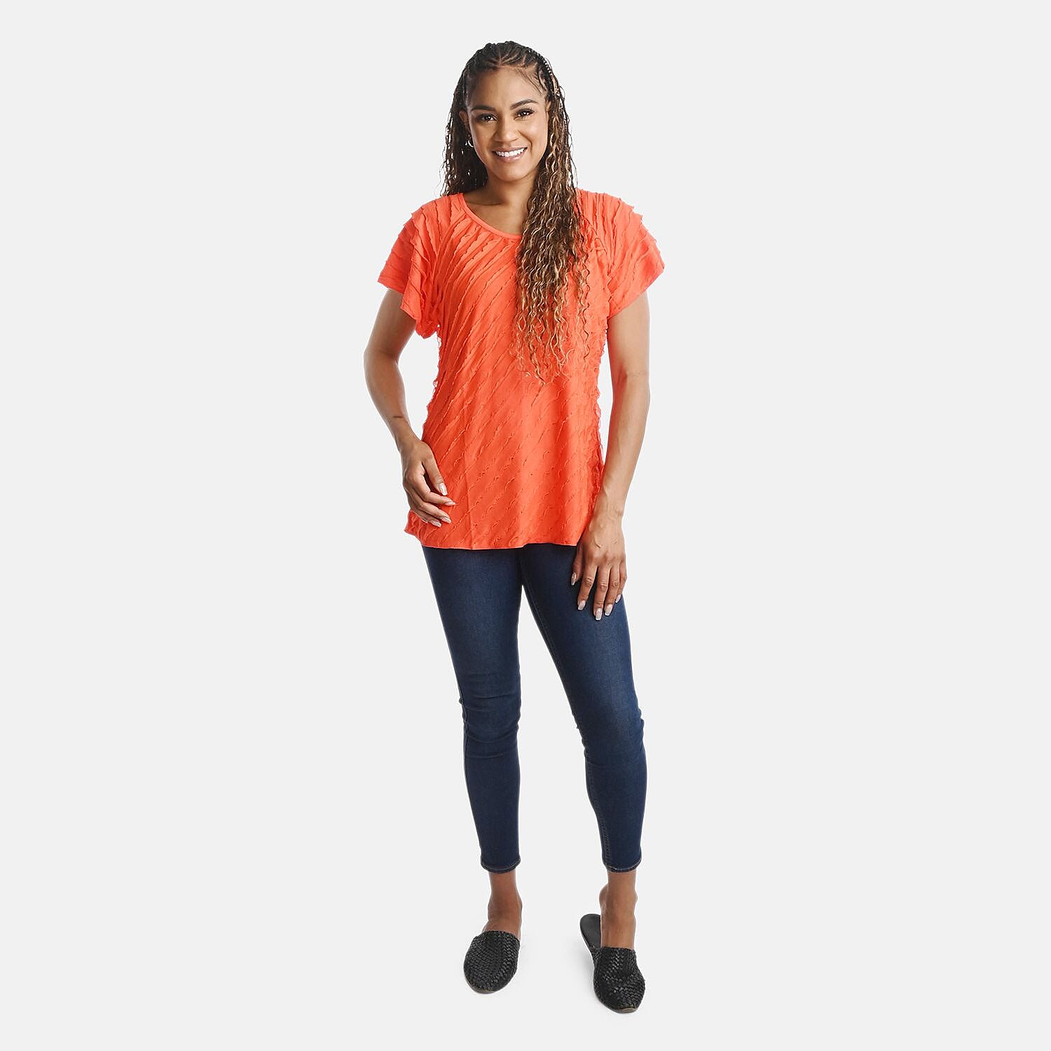 BRITANY BLACK Orange Stretch Tiered Ruffle Short Sleeve Top - L