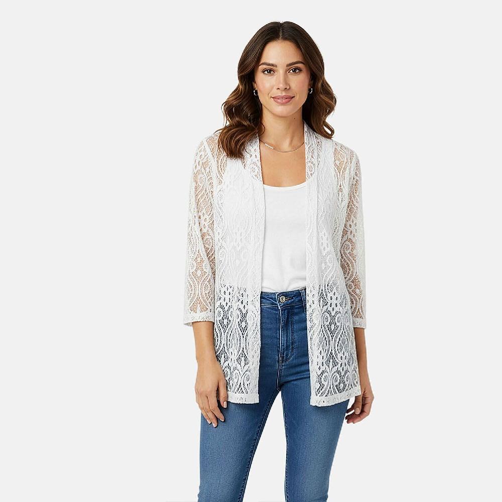 BRITANY BLACK White Long Sleeve Lace Sequin Cardigan - L