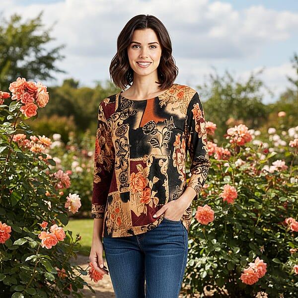 Brittany Black Red Floral Colorblock 3/4 Sleeve Blouse - L