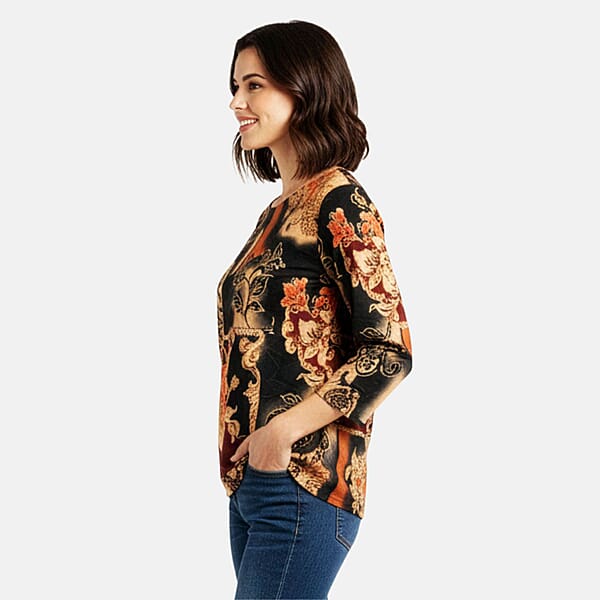 Brittany Black Red Floral Colorblock 3/4 Sleeve Blouse - L