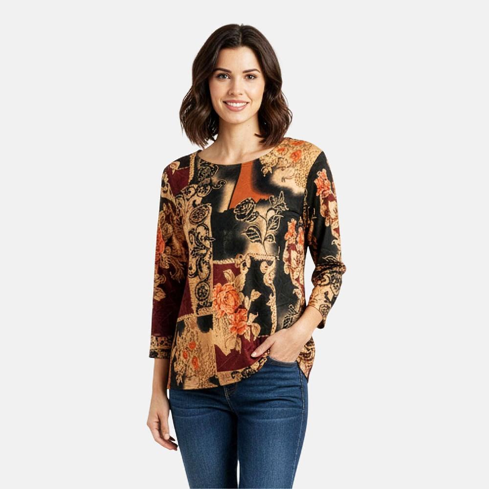 Brittany Black Red Floral Colorblock 3/4 Sleeve Blouse - L