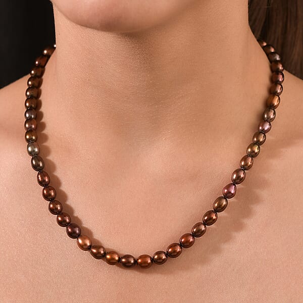 Bronze Freshwater Pearl Necklace (18 Inches) In Rhodium Over Sterling Silver