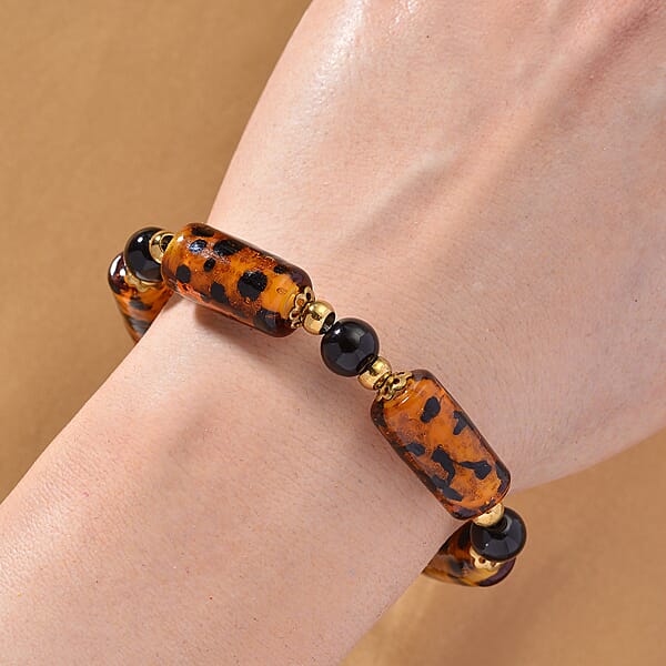 Brown Color Murano Style And Black Glass Bracelet In ION Plated YG Stainless Steel (7.5-9.5In)